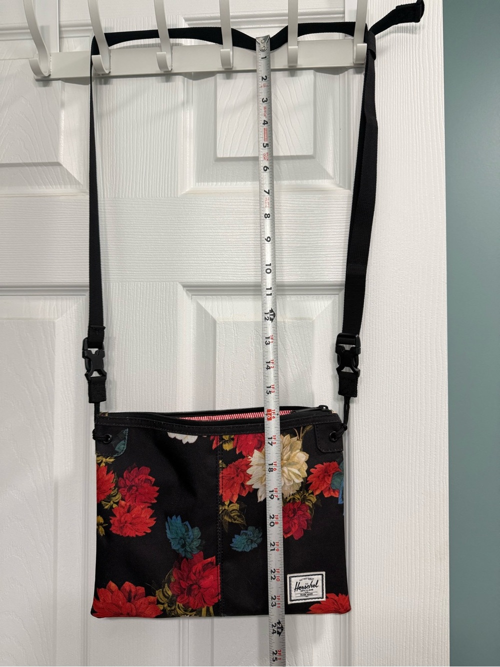 Herschel Supply Company Black Floral Crossbody Bag with Red & Blue Accents